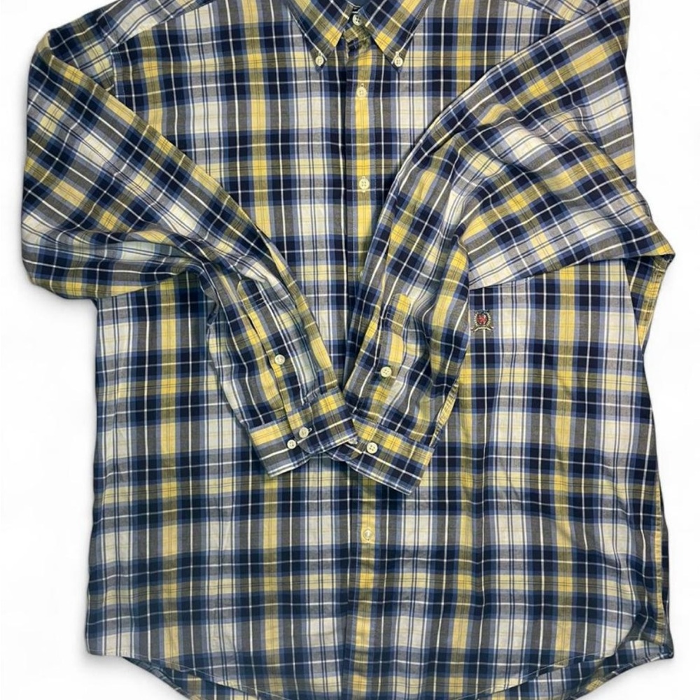 Vintage Men's Tommy Hilfiger Plaid Button-Down Shirt in Navy, Yellow & White